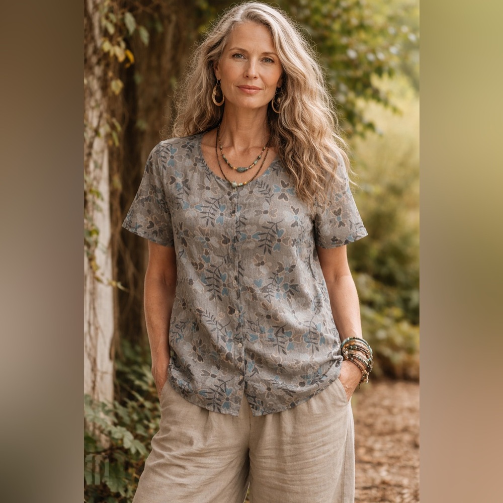 Gudrun Sjödén | Floral Button Front Top Gray Blue Short Sleeve Blouse | Sz S
